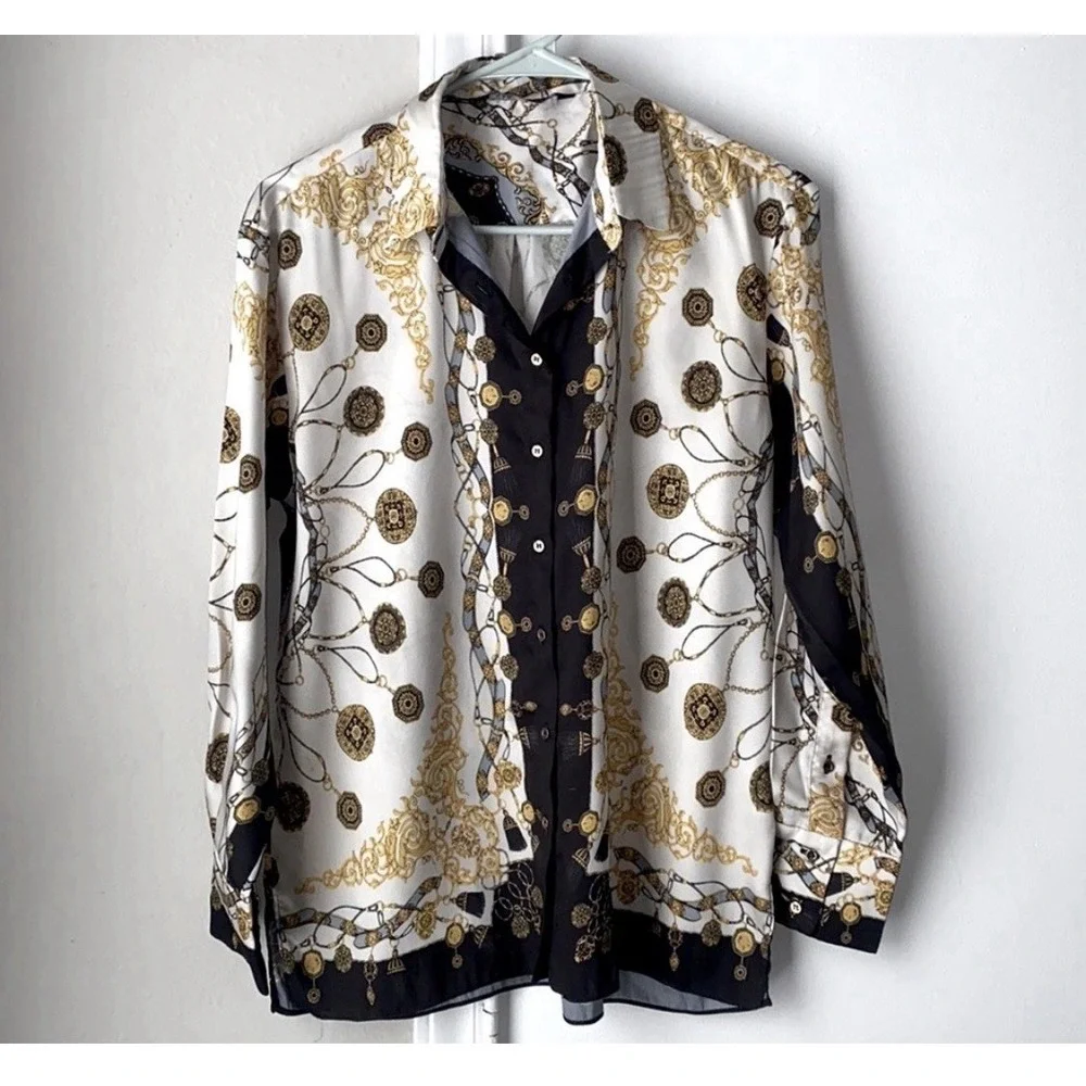 Zara Woman Ecru Chain Scarf Print Button Down Blouse Sz S - Picture 3 of 11